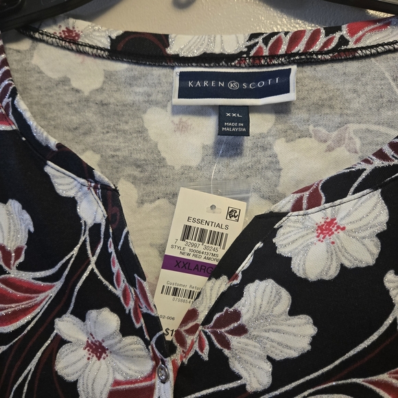 Karen Scott Black Top with White and Red Floral Design - Picture 3 of 4